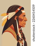Native american indian man with feathers in profile, flat color cartoon vector illustration for wall art print poster