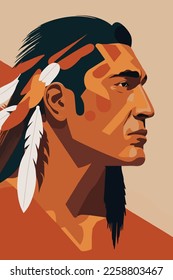 Native american indian man with feathers in profile, vector illustration. wall art print poster