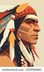 Native american indian man with feathers in profile, flat color cartoon vector illustration for wall art print poster