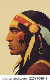 Hombres indios nativos americanos con plumas en perfil, dibujos animados de color plano ilustración vectorial para afiche de impresión de arte mural