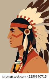 Native american indian man with feathers in profile, flat color cartoon vector illustration for wall art print poster