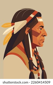 Native american indian man with feathers in profile, flat color cartoon vector illustration for wall art print poster