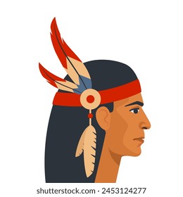 Native american indian man with feathers in profile, illustration for wall art print poster