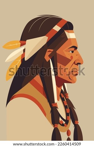 Native american indian man with feathers in profile, flat color cartoon vector illustration for wall art print poster 商業照片 © 