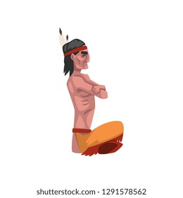 Native American Indian man sitting with his legs crossed, tribe member in traditional ethnic clothes and headband with feather, side view vector Illustration