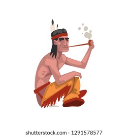 Native American Indian man smoking pipe, tribe member in traditional ethnic clothes and headband with feather vector Illustration