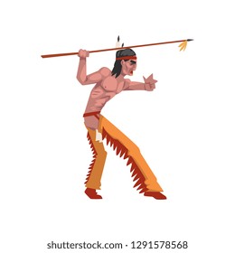 Native American Indian man with spear, tribe member in traditional ethnic clothes and headband with feather vector Illustration