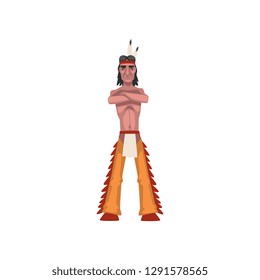 Native American Indian man standing with folded hands, tribe member in traditional ethnic clothes and headband with feather vector Illustration