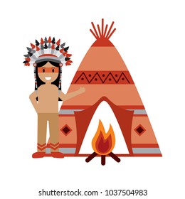 native american indian man with teepee and bonfire