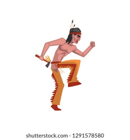 Native American Indian man with tomahawk, tribe member in traditional ethnic clothes and headband with feather vector Illustration