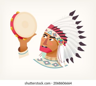 Native American Indian man in traditional clothing playing tambourine celebrating Thanksgiving day. Isolated vector illustration on white background