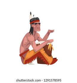 Native American Indian man, tribe member in traditional ethnic clothes and headband with feather vector Illustration