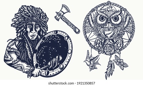 Native American Indian old school tattoo vector collection. Tribal culture and history. Traditional tattooing style. Ethnic warrior, dream catcher, owl and old cherokee shaman 