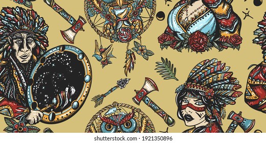 Native American Indian Old School Tattoo Seamless Pattern. Ethnic Warrior Girl, Shamanic Female, Dream Catcher, Owl And Old Cherokee Shaman. Tribal Culture And History. Traditional Tattooing Style 