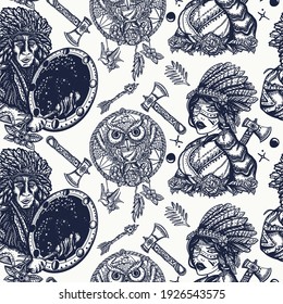 Native American Indian, Old School Tattoo Style. Tribal Culture And History. Ethnic Warrior Girl, Shamanic Female, Dream Catcher, Owl And Old Cherokee Shaman. Seamless Pattern