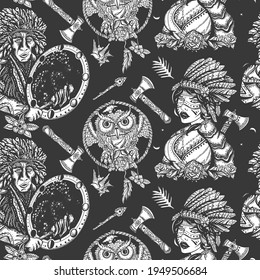 Native American Indian, Old School Tattoo Style. Ethnic Warrior Girl, Shamanic Female, Dream Catcher, Owl And Old Cherokee Shaman. Dark Seamless Pattern. Tribal Culture And History