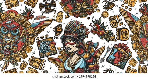 Native American Indian. Old School Tattoo Style. Ethnic Warrior Girl, Shamanic Female, Dream Catcher, Owl And Old Cherokee Shaman. Seamless Pattern. Tribal Culture And History