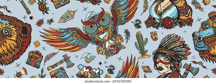 Native American Indian old school tattoo style. Seamless pattern Ethnic warrior shaman woman, female, dream catcher, bear and owl