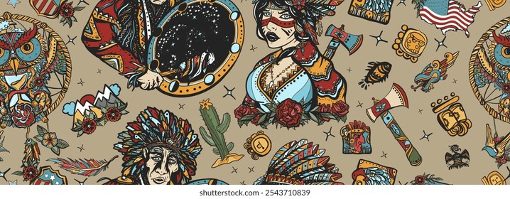 Estilo de tatuaje de la vieja escuela india nativa americana. Cultura e historia tribales. Chica guerrera étnica, mujer chamánica, atrapador de sueños, búho y viejo chamán