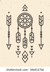 Native American Indian ornament with deamcatcher, arrows and triangle elements. Modern geometric hipster style. Vintage distressed texture on separate layer.