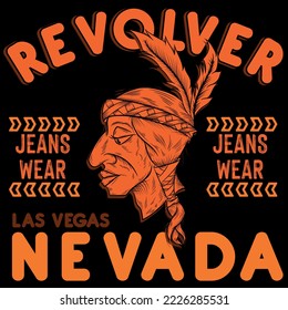 Native American indian patch in motorcycle style. text Revolver, Las vegas Nevada. Jeans wear