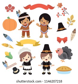 Native American Indian and  Pilgrim costume Boy and Girl Thanksgiving Design Elements 