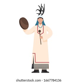 Native american indian prayer. Indian man in traditional costumes. Religion pagan man in traditional period costume. Shaman with tambourine. Flat vector illustration