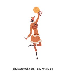 Native American Indian Ritual Dance, Young Woman Performing Folk Dance Wearing Traditional Costume Cartoon Style Vector Illustration