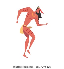 Native American Indian Ritual Dance, Naked Man in Loincloth Dancing Folk Dance Cartoon Style Vector Illustration