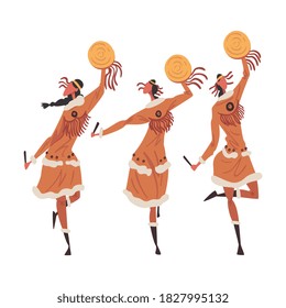 Native American Indian Ritual Dance, Three Young Women Dancing with Tambourines Wearing Traditional Dress Cartoon Style Vector Illustration