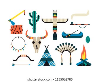 Native American Indian Set. Vector flat illustration, ethnic icon set, white background.