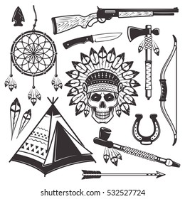 Native american indian set of vector objects and graphic elements in monochrome vintage style for your custom emblem, label, logo design isolated on white background