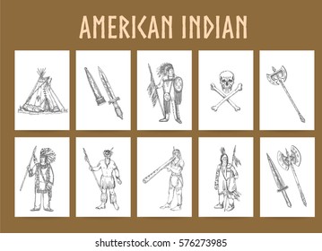 Native american indian set of vector objects and graphic elements, hand drawn stickers on native american theme