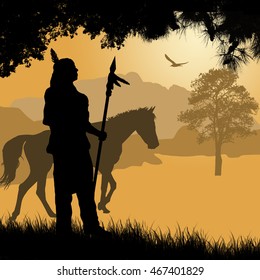 Native american indian silhouette with spear and horse on beautiful sunset, vector illustration