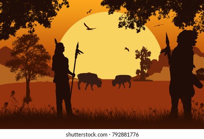 Native american indian silhouettes on beautiful orange sunset, vector illustration