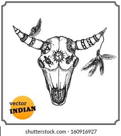 Native American indian skull bison in a sketch style. Hand-drawn card. Vector illustration.