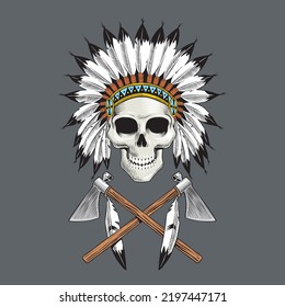 Native american indian skull and crossed tomahawks isolated, vector illustration