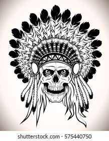 Native american indian skull with indian feather headdress vector illustration