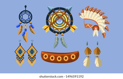 Native American Indian Symbols Set, Ethnic Design Elements, Dreamcatcher, Canoe, Headdress, Earrings Vector Illustration