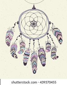 Native American Indian Talisman Dream Catcher with Feathers. Vector Ethnic Design, Boho Style.