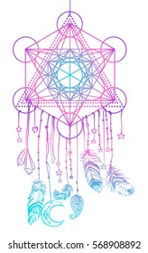 Native American Indian talisman dream catcher with Metatrons Cube, Flower of life, feathers, moon. Vector hipster illustration isolated on white. Ethnic design, boho, dreamcatcher tribal symbol. 