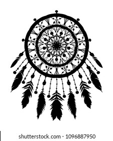 Native American Indian talisman dreamcatcher. Dream catcher silhouette with feathers and beads. May be used for laser or stencil cutting