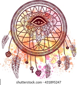 Native American Indian talisman dreamcatcher with eye, feathers, key,lock and heart. Ethnic,boho chic, tribal symbol. For Coloring book, tattoo. Vector hipster illustration watercolor