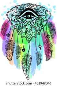 Native American Indian talisman dreamcatcher with eye, feathers, key,lock and heart. Ethnic,boho chic, tribal symbol. For Coloring book, tattoo, mehendi Vector hipster illustration watercolor.