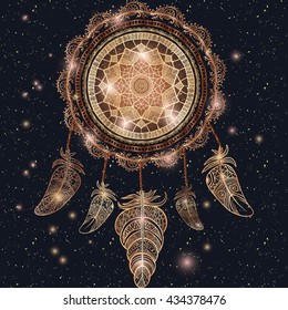 Native American Indian talisman dreamcatcher with magic mandala and feathers. Ethnic,boho chic, tribal symbol. For Coloring book, tattoo, mehendi Vector hipster illustration gold glow and glitter.