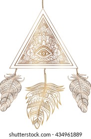 Native American Indian talisman dreamcatcher with magic eye in pyramid and feathers.Ethnic,boho chic,tribal symbol.Coloring book, tattoo,mehendi Vector hipster illustration gold glow and glitter.