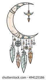 Native American Indian talisman dreamcatcher with feathers. Magic horn a crescent. Ethnic design, boho chic, tribal symbol. Vector illustration isolated on a white background.