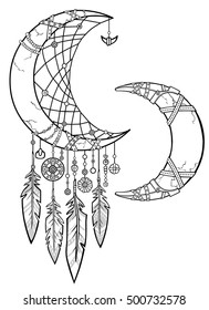 Native American Indian talisman dreamcatcher with feathers.Magic horn a crescent.Ethnic design, boho chic.Llinear drawing isolated on a white background.Vector illustration, be used for coloring book.