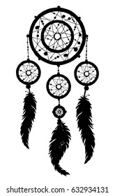 Native American Indian talisman dreamcatcher. Dream catcher silhouette with feathers and beads