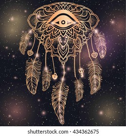 Native American Indian talisman filigree dreamcatcher with magic eye and feathers. Ethnic,boho chic, tribal symbol. For Coloring book, tattoo, mehendi Vector hipster illustration gold glow and glitter